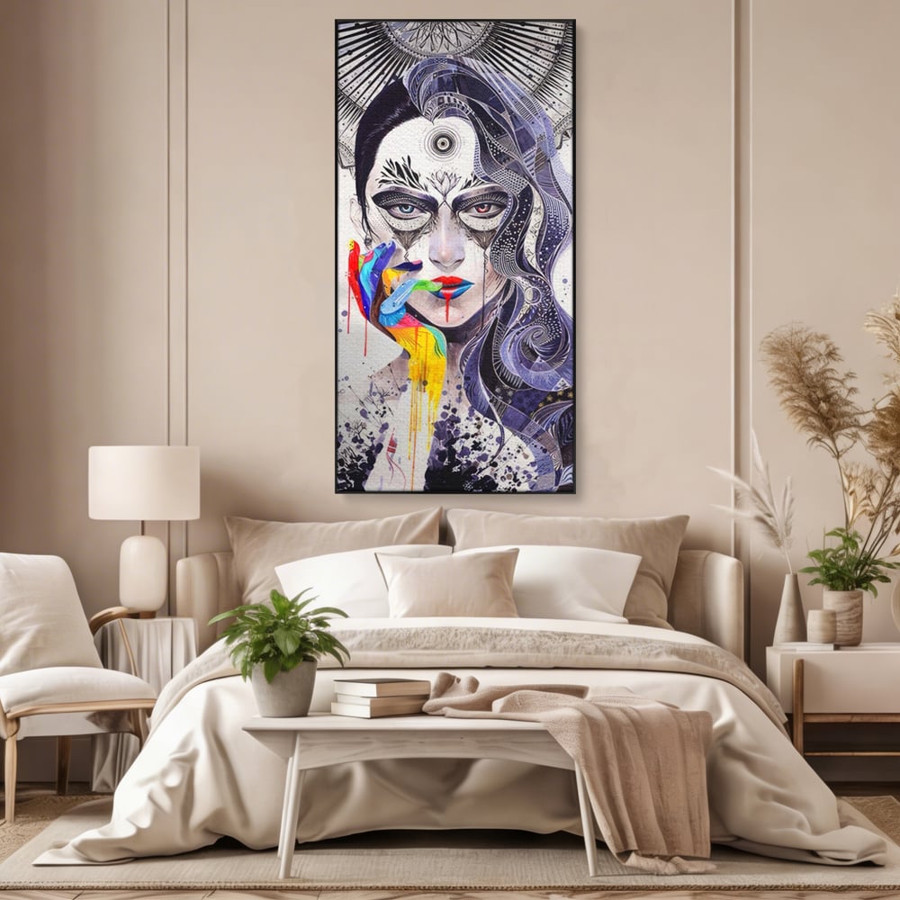 Tablou canvas cu tablou canvas cu portret abstract feminin, in rama de aluminiu negru, pe perete intr-un dormitor